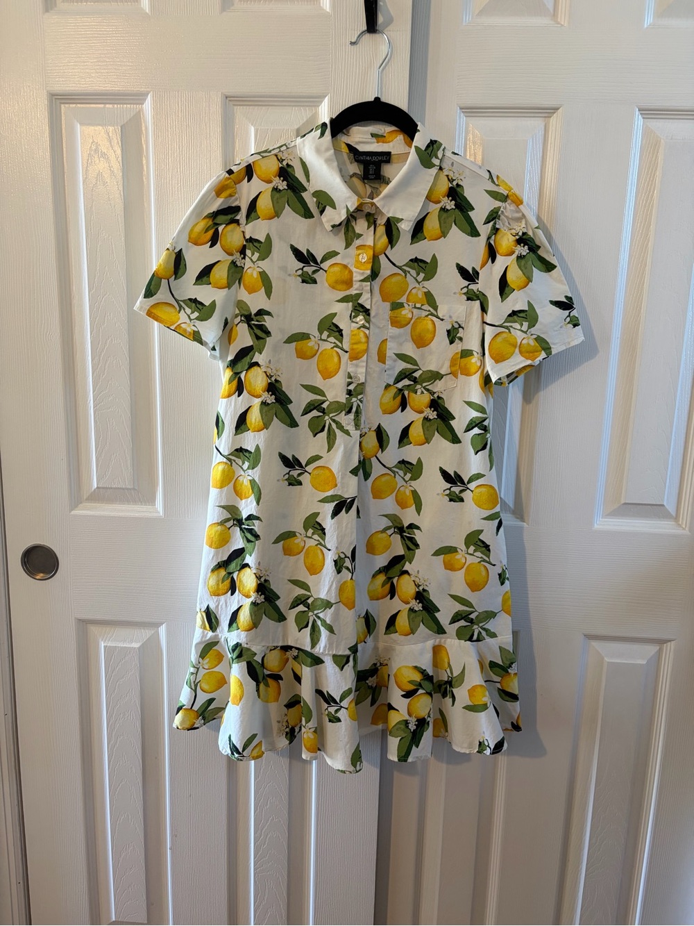 Cynthia Rowley Lemon Print Short Sleeve Ruffle Bottom Shirt Dress Size Large